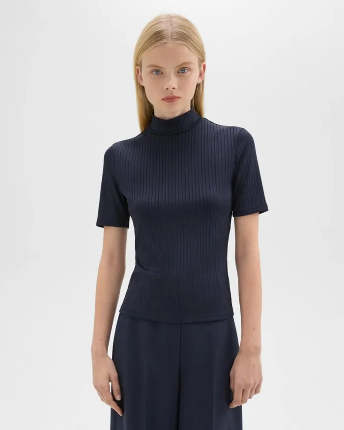 Theory Mock Neck ShortSleeve Top In Rib Knit Nocturne Navy Women TShirts Tank Tops