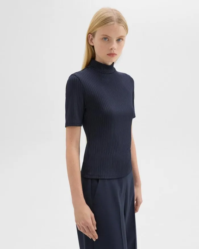 Theory Mock Neck ShortSleeve Top In Rib Knit Nocturne Navy Women TShirts Tank Tops Theory Mock Neck ShortSleeve Top In Rib Knit Nocturne Navy Women TShirts Tank Tops