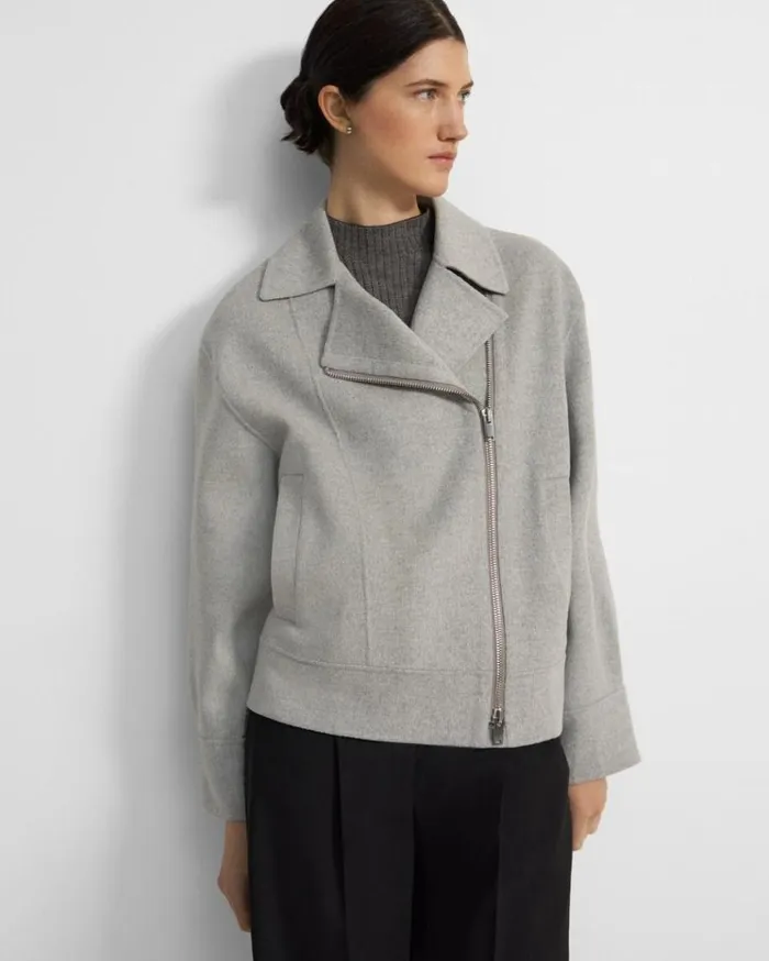 Theory Oversized Moto Jacket In DoubleFace WoolCashmere Melange Grey Women Outerwear