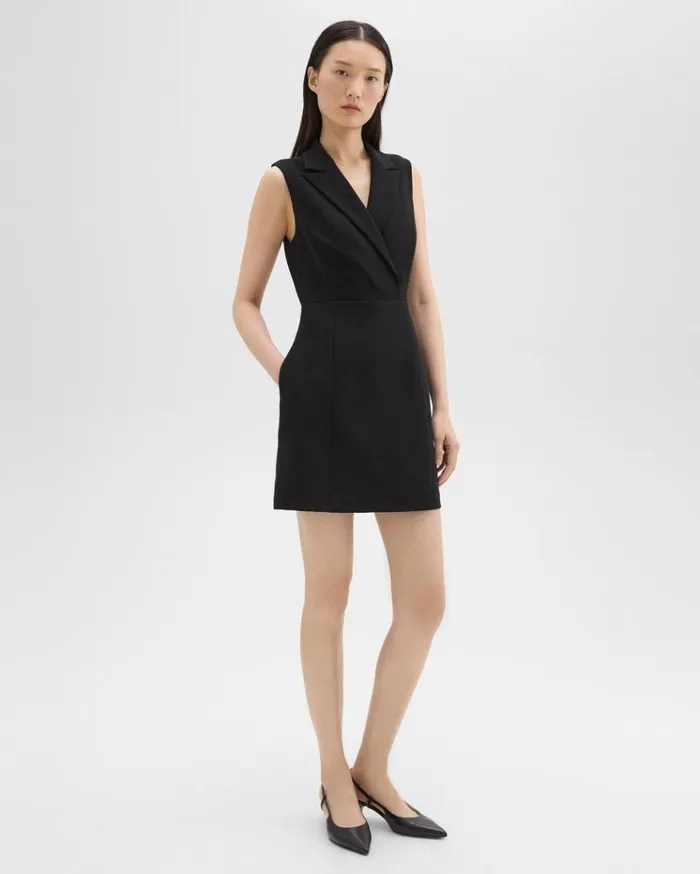 Theory Peak Lapel Mini Dress In Admiral Crepe Black Women Dresses