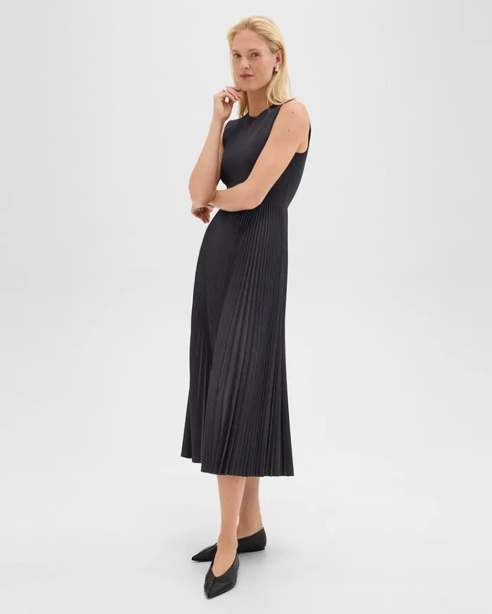Theory Pleated Combo Dress In Stretch WoolBlend Charcoal Melange Women Dresses Theory Pleated Combo Dress In Stretch WoolBlend Charcoal Melange Women Dresses