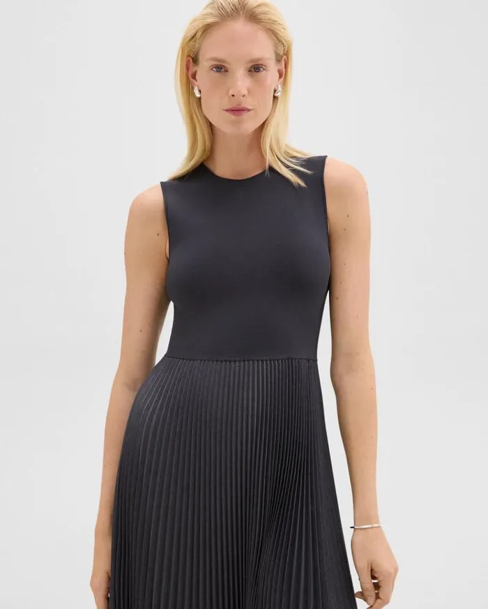 Theory Pleated Combo Dress In Stretch WoolBlend Charcoal Melange Women Dresses Theory Pleated Combo Dress In Stretch WoolBlend Charcoal Melange Women Dresses