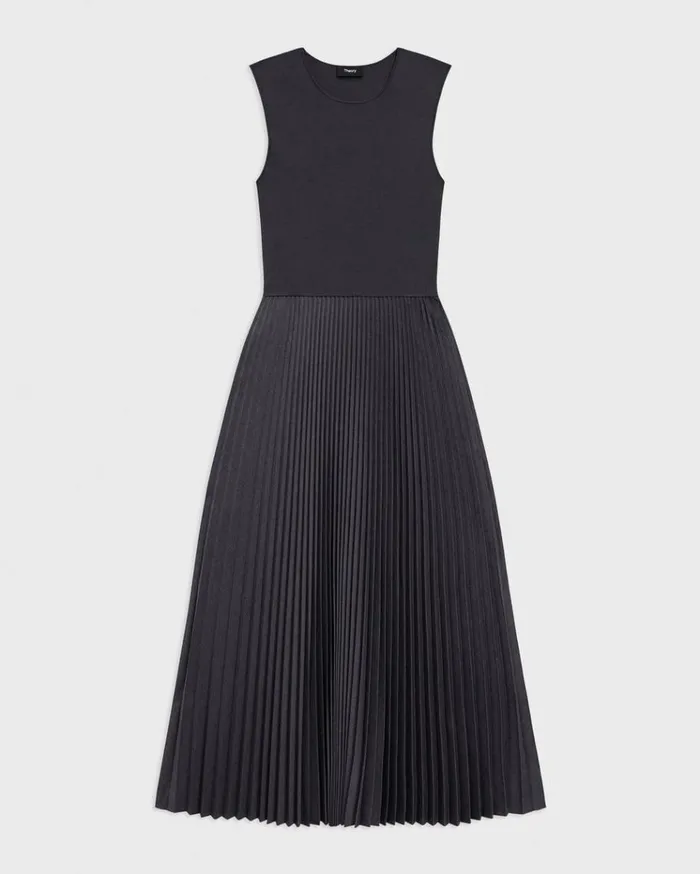 Theory Pleated Combo Dress In Stretch WoolBlend Charcoal Melange Women Dresses Theory Pleated Combo Dress In Stretch WoolBlend Charcoal Melange Women Dresses