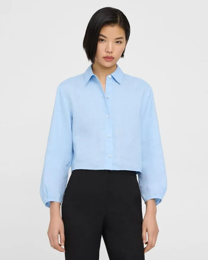 Theory Pleated Shirt In Relaxed Linen Dahlia Women Tops