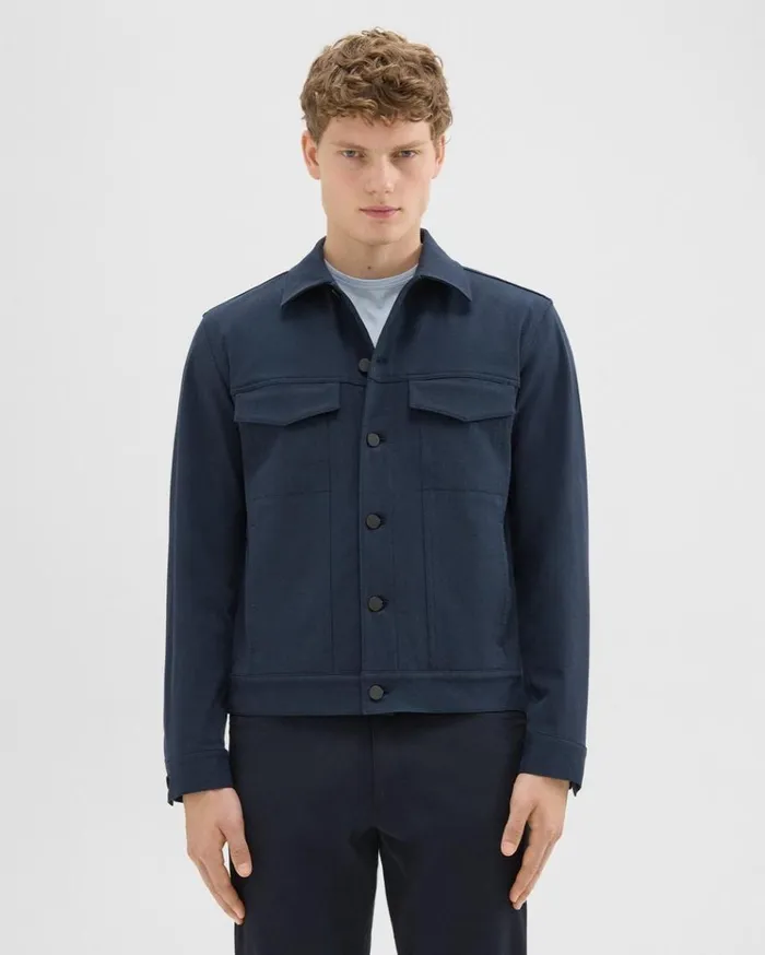 Theory River Trucker Jacket In Neoteric Twill Dark Navy Men Blazers Jackets