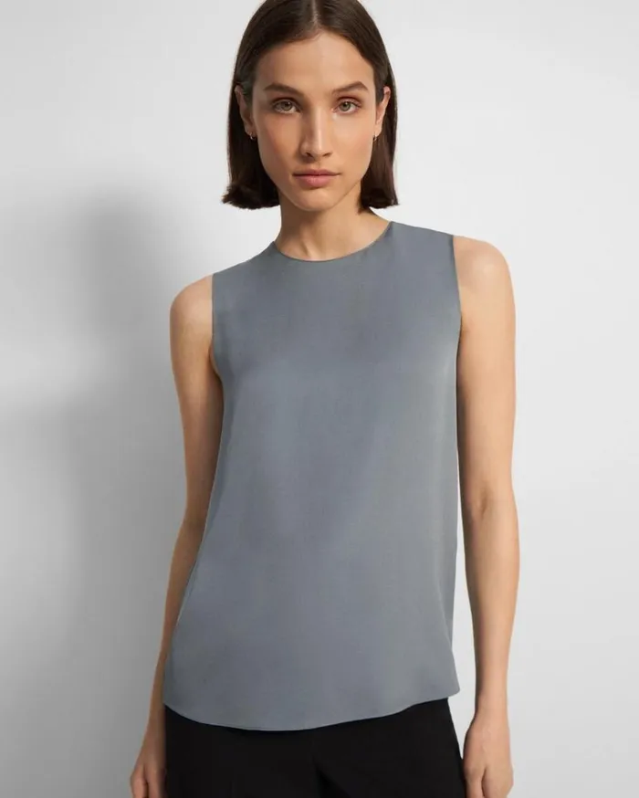 Theory Shell Top In Silk Georgette Blue Granite Women Tops