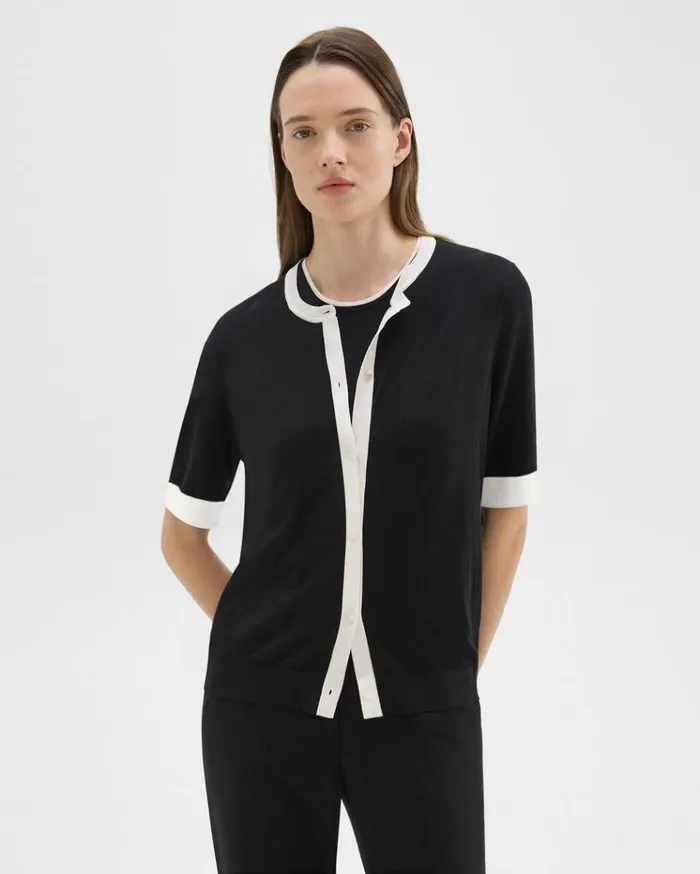 Theory ShortSleeve Cardigan In Regal Wool Blacknew Ivory Women Sweaters Cardigans
