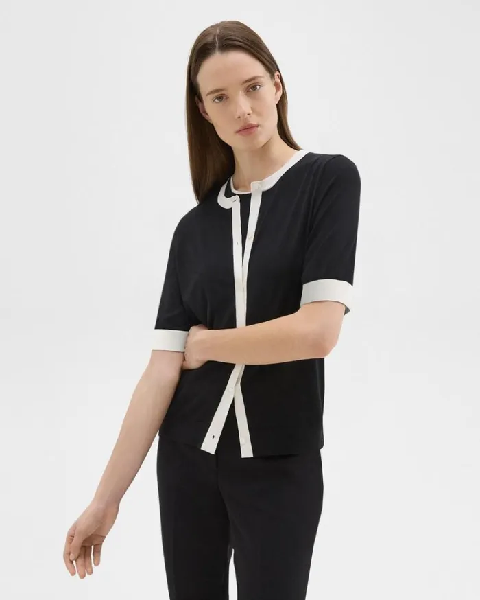 Theory ShortSleeve Cardigan In Regal Wool Blacknew Ivory Women Sweaters Cardigans