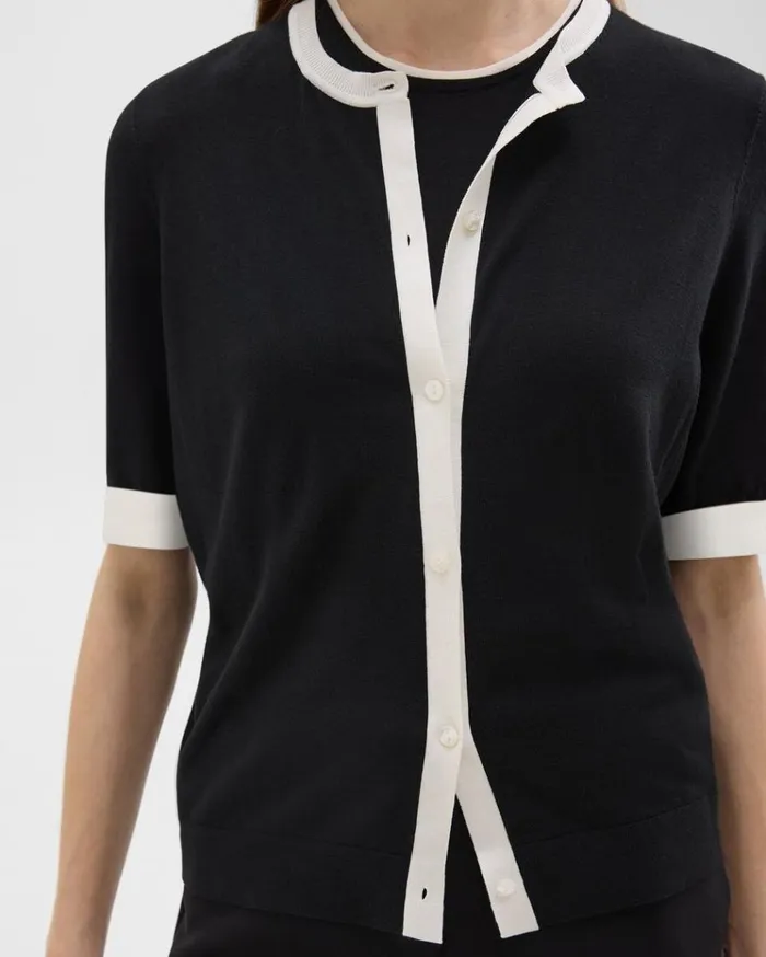 Theory ShortSleeve Cardigan In Regal Wool Blacknew Ivory Women Sweaters Cardigans