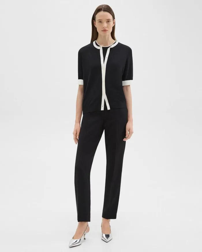 Theory ShortSleeve Cardigan In Regal Wool Blacknew Ivory Women Sweaters Cardigans