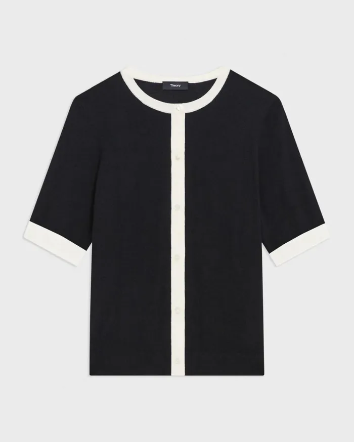 Theory ShortSleeve Cardigan In Regal Wool Blacknew Ivory Women Sweaters Cardigans