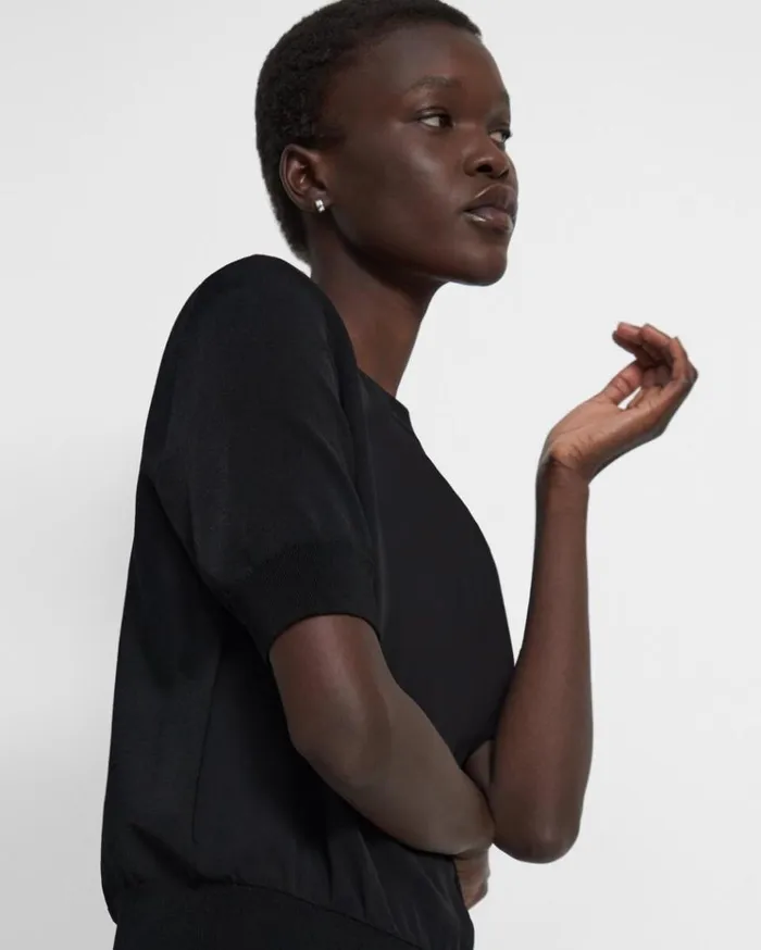 Theory Shrunken ShortSleeve Top In Silk Black Women Tops