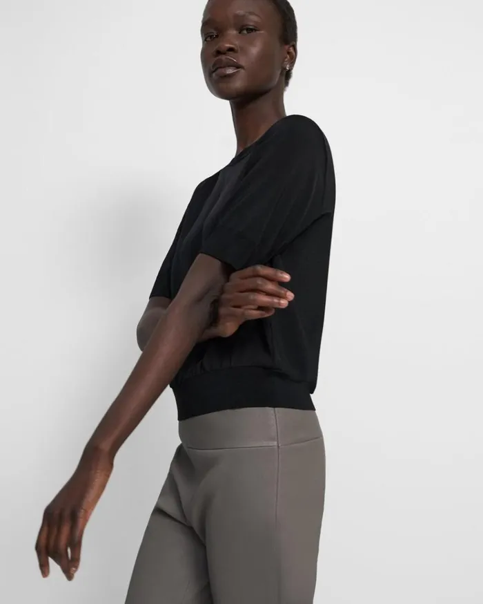 Theory Shrunken ShortSleeve Top In Silk Black Women Tops Theory Shrunken ShortSleeve Top In Silk Black Women Tops