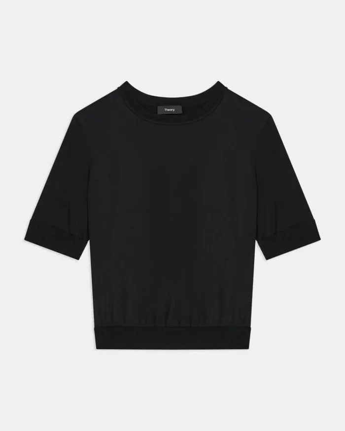 Theory Shrunken ShortSleeve Top In Silk Black Women Tops Theory Shrunken ShortSleeve Top In Silk Black Women Tops