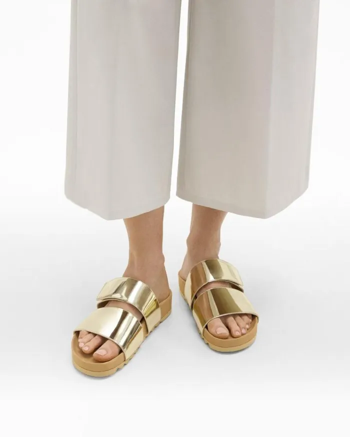 Theory Slide Sandals In Metallic Leather Light Gold Women Shoes