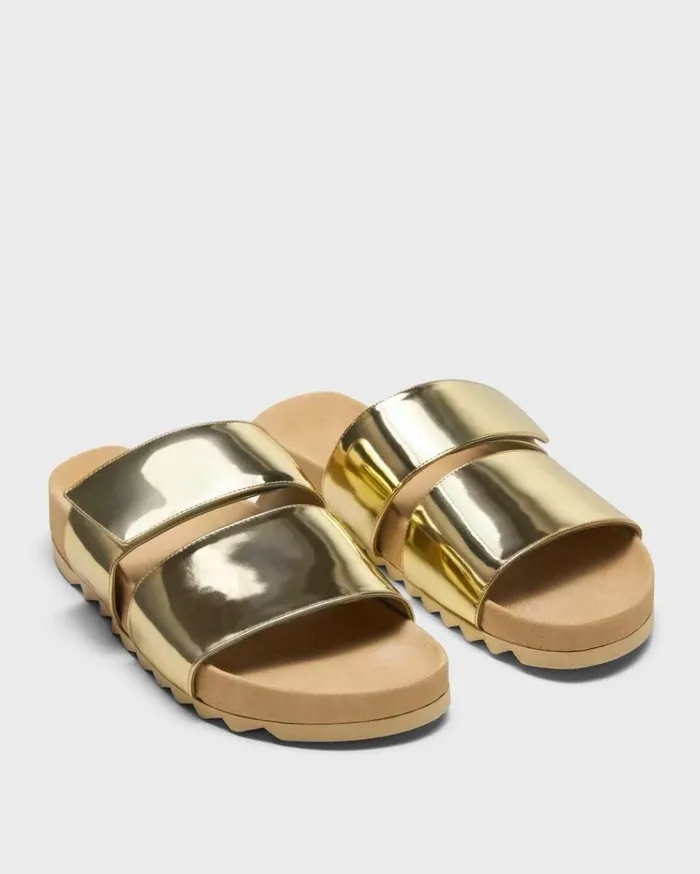 Theory Slide Sandals In Metallic Leather Light Gold Women Shoes
