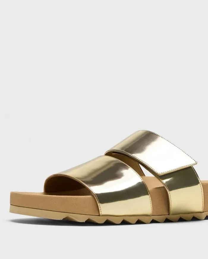 Theory Slide Sandals In Metallic Leather Light Gold Women Shoes