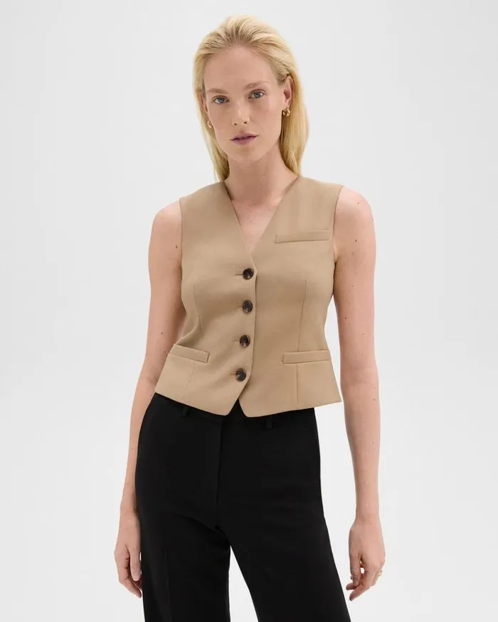 Theory Slim Vest In Sleek Flannel New Camel Women Blazers Jackets