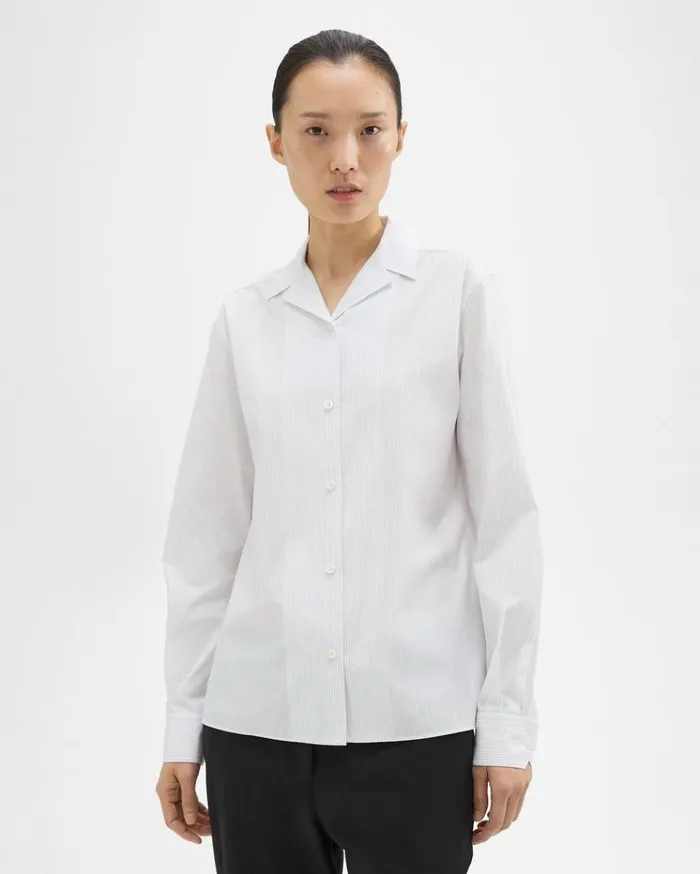 Theory Striped CottonBlend Shirt White Multi Women Tops