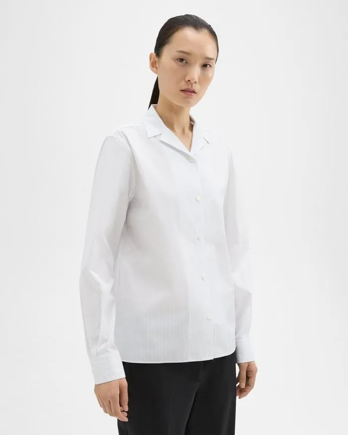 Theory Striped CottonBlend Shirt White Multi Women Tops