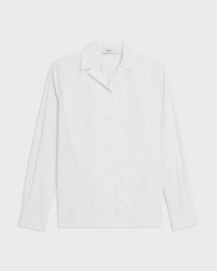 Theory Striped CottonBlend Shirt White Multi Women Tops