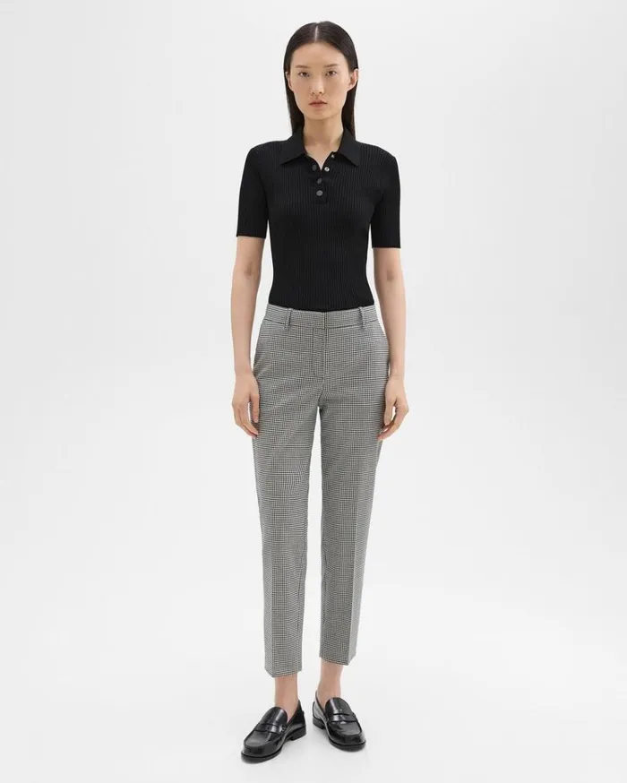 Theory Treeca Pant In Plaid Stretch Wool Black Multi Women Pants