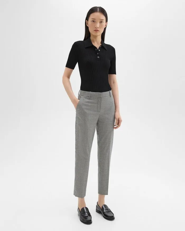 Theory Treeca Pant In Plaid Stretch Wool Black Multi Women Pants