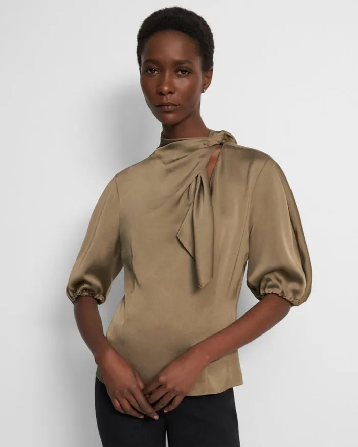 Theory Twisted Scarf Top In Recycled Satin Dark Beige Women Tops