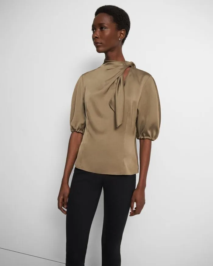 Theory Twisted Scarf Top In Recycled Satin Dark Beige Women Tops Theory Twisted Scarf Top In Recycled Satin Dark Beige Women Tops