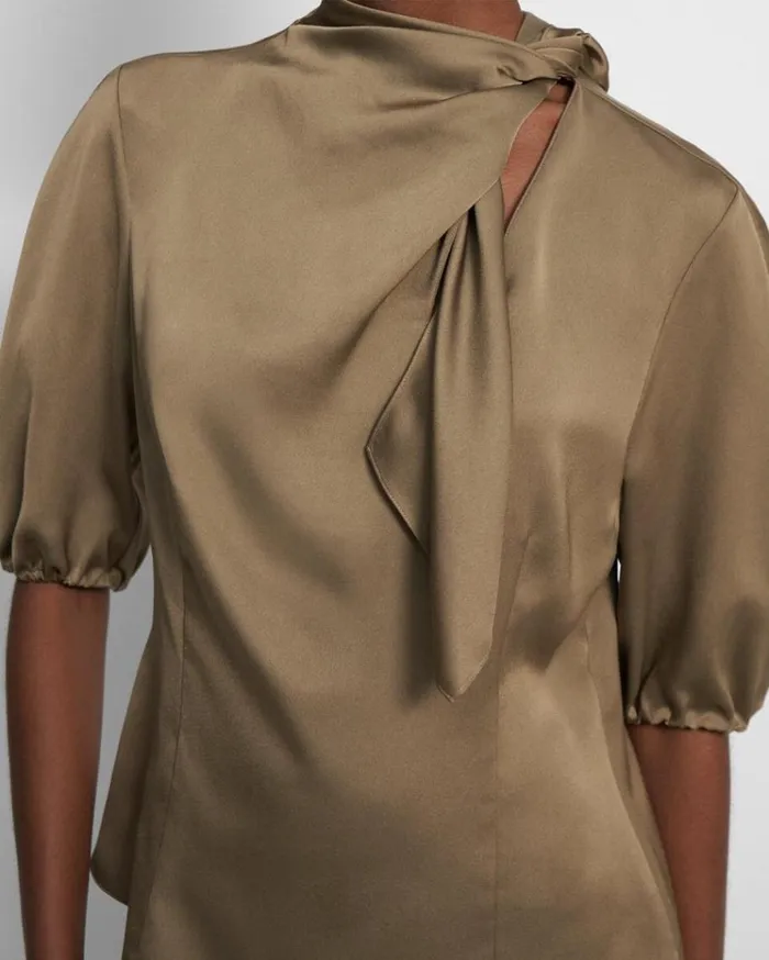 Theory Twisted Scarf Top In Recycled Satin Dark Beige Women Tops Theory Twisted Scarf Top In Recycled Satin Dark Beige Women Tops