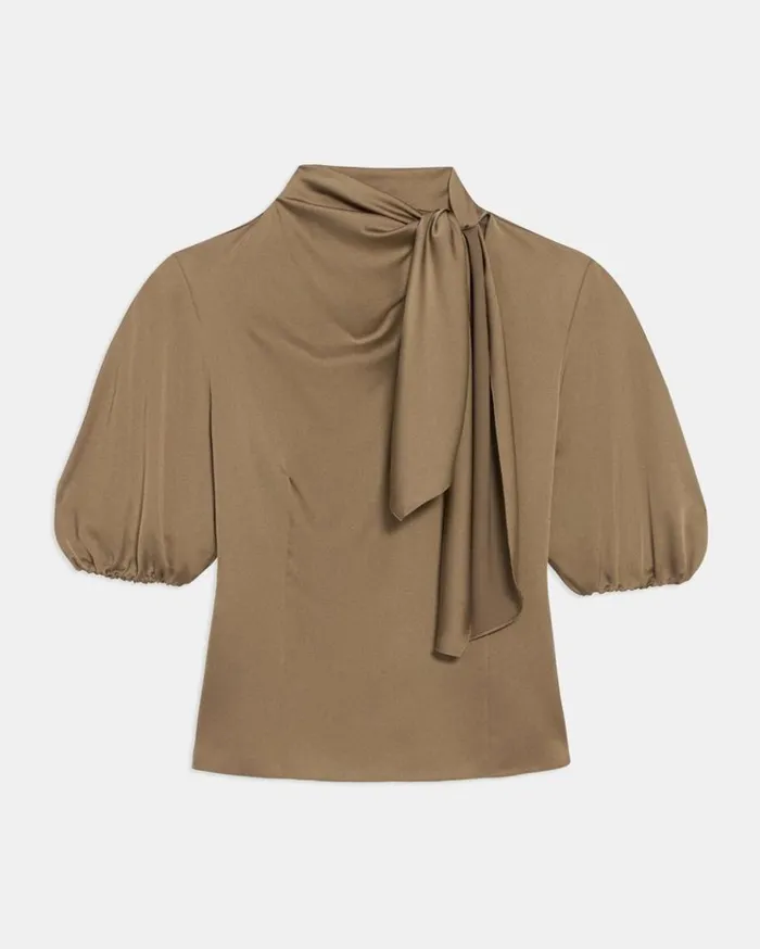 Theory Twisted Scarf Top In Recycled Satin Dark Beige Women Tops Theory Twisted Scarf Top In Recycled Satin Dark Beige Women Tops