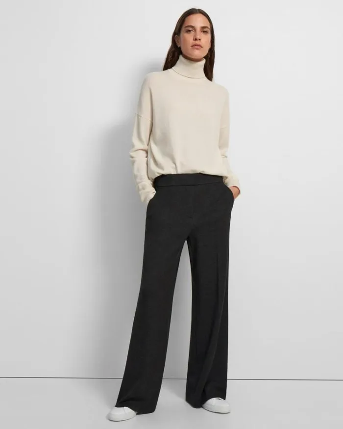 Theory WideLeg Pant In DoubleKnit Jersey Charcoal Melangeoatmeal Women Pants
