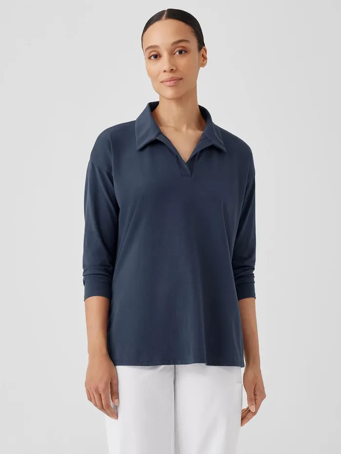 Tops and Tees Women Eileen Fisher Pima Cotton Stretch Jersey Classic CollarTop Ocean Tops and Tees Women Eileen Fisher Pima Cotton Stretch Jersey Classic CollarTop Ocean