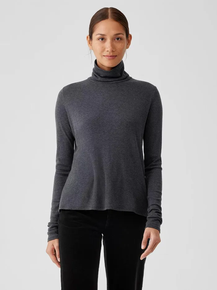 Tops and Tees Women Eileen Fisher Ribbed Pima Cotton Blend Turtleneck Top Charcoal Tops and Tees Women Eileen Fisher Ribbed Pima Cotton Blend Turtleneck Top Charcoal