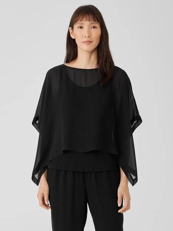 Tops and Tees Women Eileen Fisher Sheer Silk Georgette Poncho Black