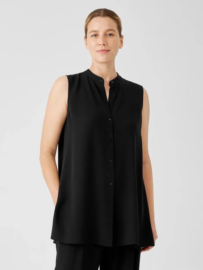 Tops and Tees Women Eileen Fisher Silk Georgette Crepe Sleeveless Shirt Black Tops and Tees Women Eileen Fisher Silk Georgette Crepe Sleeveless Shirt Black