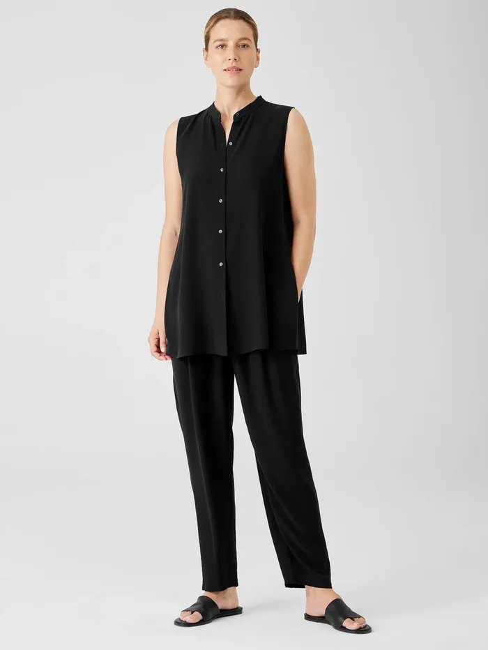 Tops and Tees Women Eileen Fisher Silk Georgette Crepe Sleeveless Shirt Black