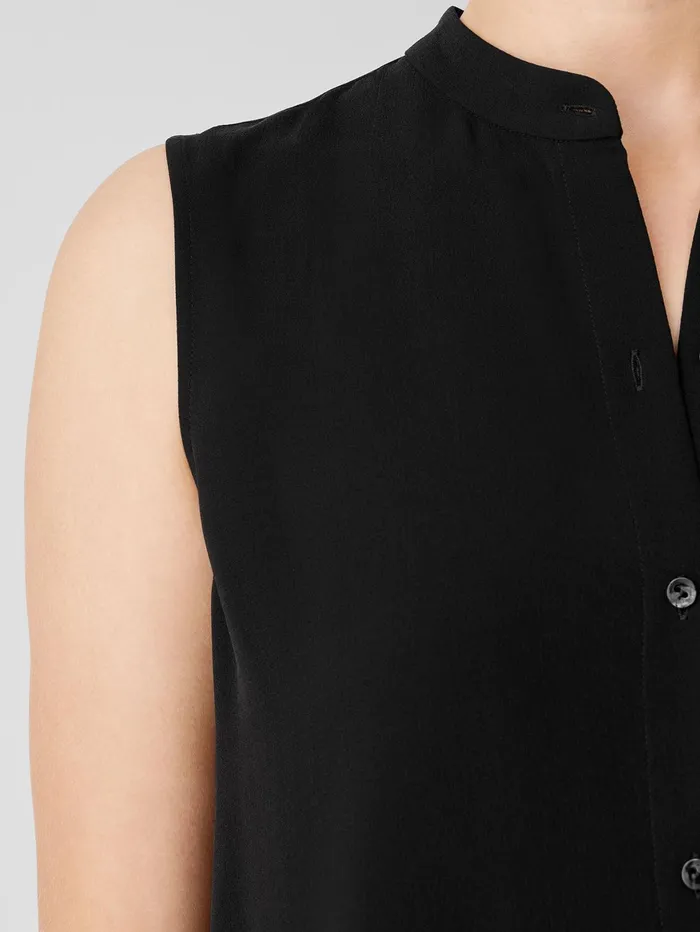 Tops and Tees Women Eileen Fisher Silk Georgette Crepe Sleeveless Shirt Black