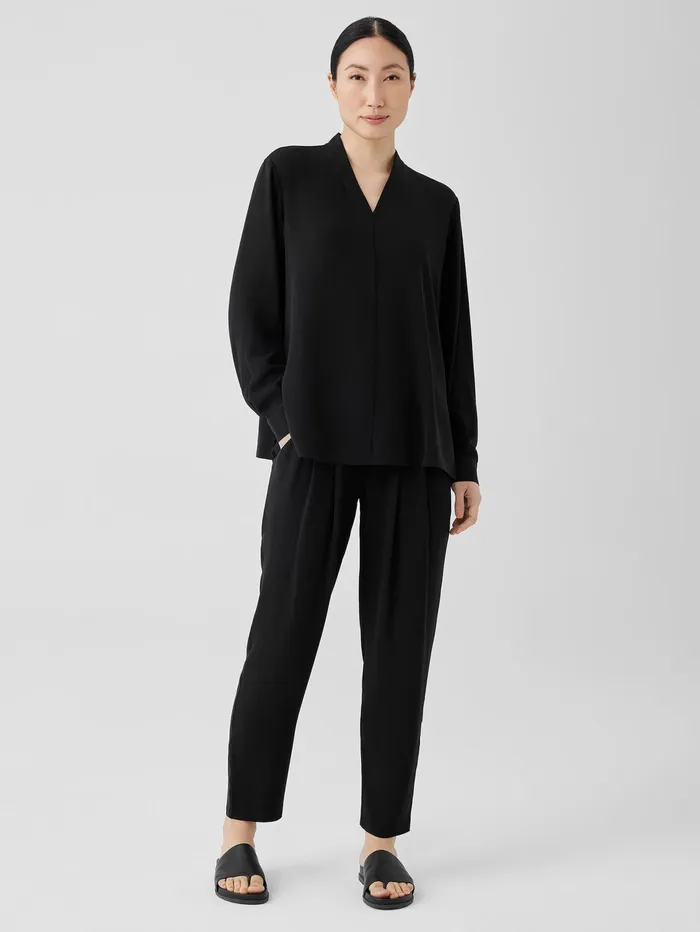 Tops and Tees Women Eileen Fisher Silk Georgette Crepe VNeck Top Black