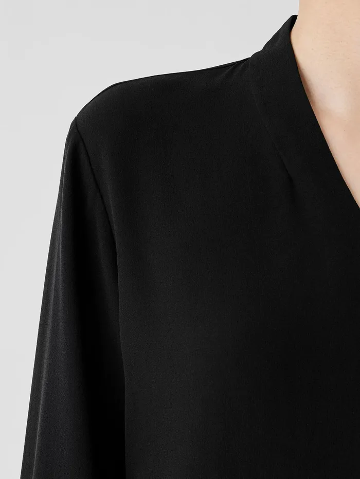 Tops and Tees Women Eileen Fisher Silk Georgette Crepe VNeck Top Black