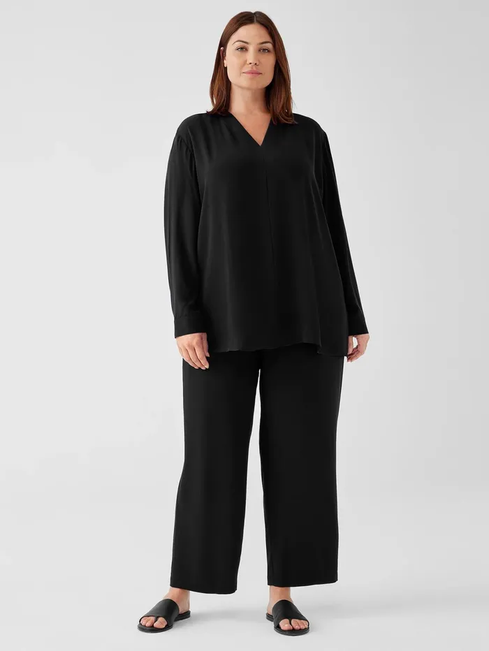 Tops and Tees Women Eileen Fisher Silk Georgette Crepe VNeck Top Black