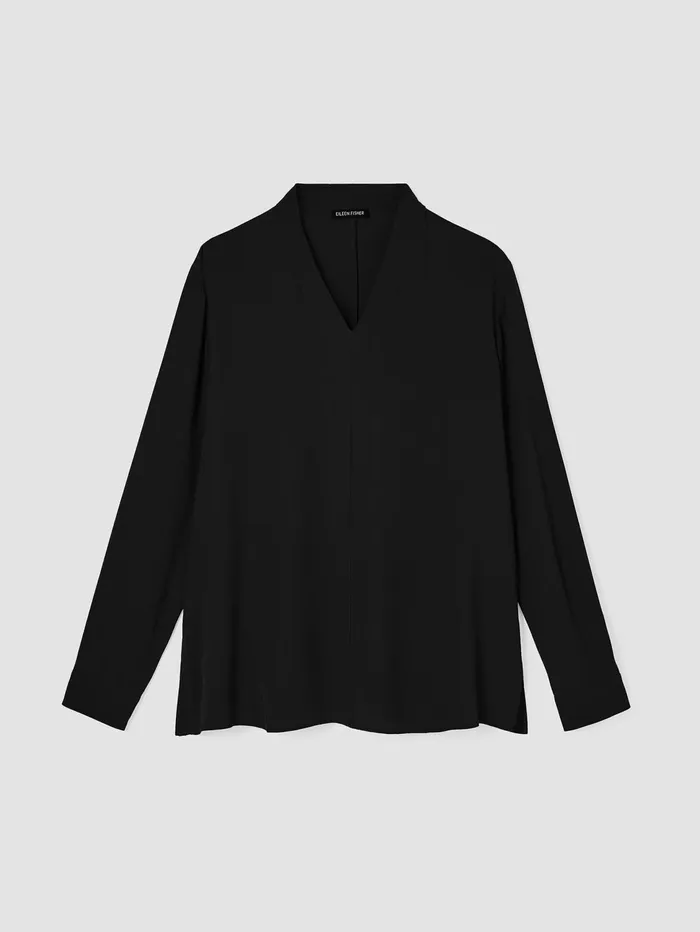 Tops and Tees Women Eileen Fisher Silk Georgette Crepe VNeck Top Black
