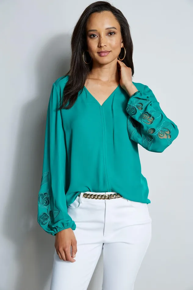 Tops Women Elie Tahari Embroidered Long Sleeve Shirt TAHITI GREEN