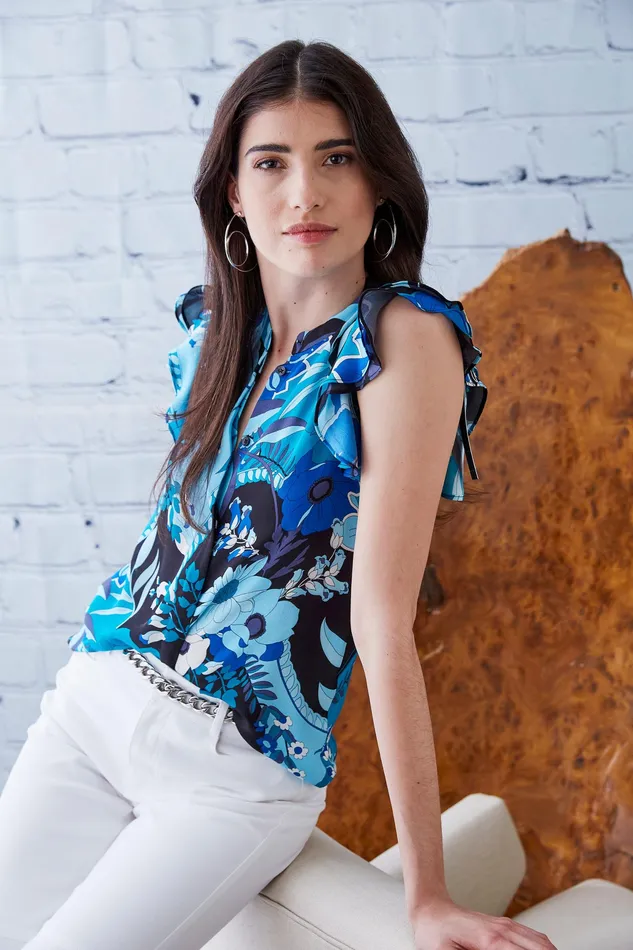 Tops Women Elie Tahari Nouveau Flutter Shirt TEAL MULTI