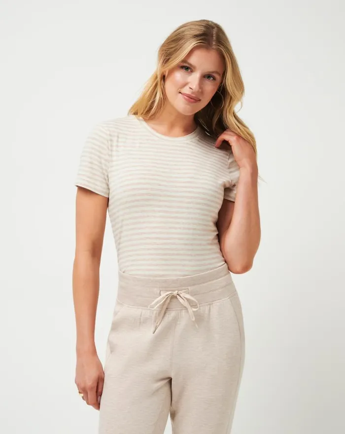 TravisMathew CLOUD JERSEY TEE Heather Oxford Tan Stripe Women Tees TravisMathew CLOUD JERSEY TEE Heather Oxford Tan Stripe Women Tees