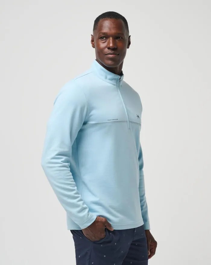 TravisMathew UPGRADED CHEST STRIPE QUARTER ZIP Heather Dream Blue Men Quarter Zips TravisMathew UPGRADED CHEST STRIPE QUARTER ZIP Heather Dream Blue Men Quarter Zips