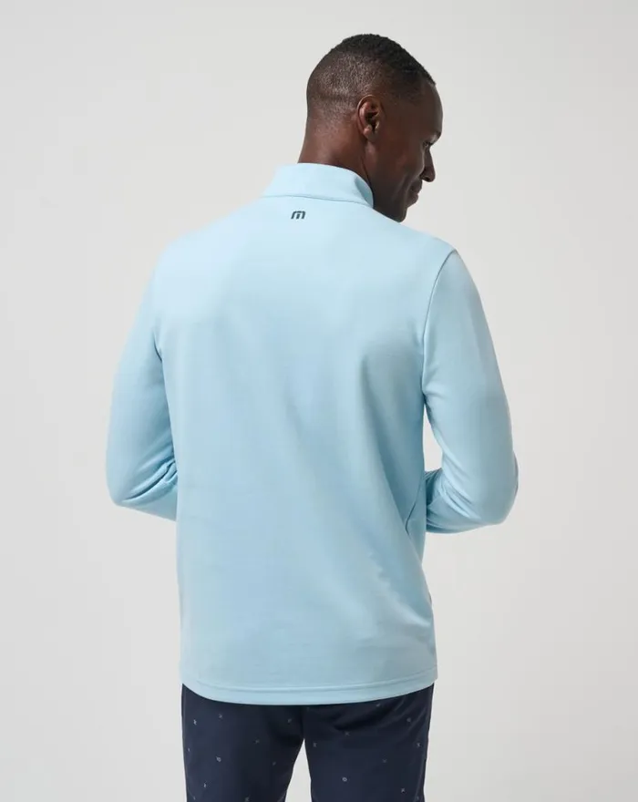 TravisMathew UPGRADED CHEST STRIPE QUARTER ZIP Heather Dream Blue Men Quarter Zips TravisMathew UPGRADED CHEST STRIPE QUARTER ZIP Heather Dream Blue Men Quarter Zips