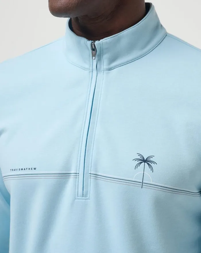 TravisMathew UPGRADED CHEST STRIPE QUARTER ZIP Heather Dream Blue Men Quarter Zips TravisMathew UPGRADED CHEST STRIPE QUARTER ZIP Heather Dream Blue Men Quarter Zips