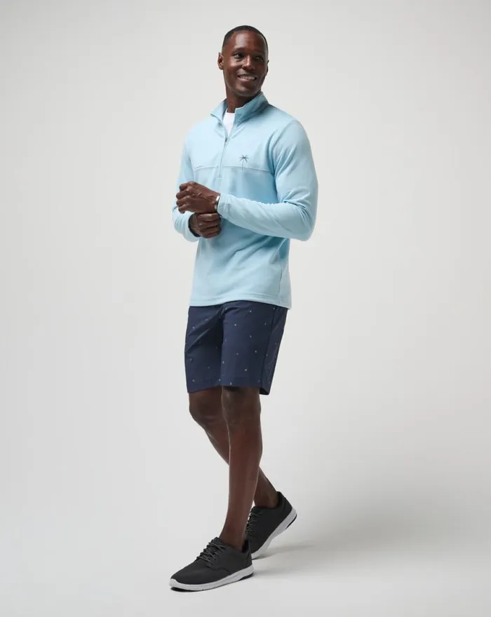 TravisMathew UPGRADED CHEST STRIPE QUARTER ZIP Heather Dream Blue Men Quarter Zips TravisMathew UPGRADED CHEST STRIPE QUARTER ZIP Heather Dream Blue Men Quarter Zips
