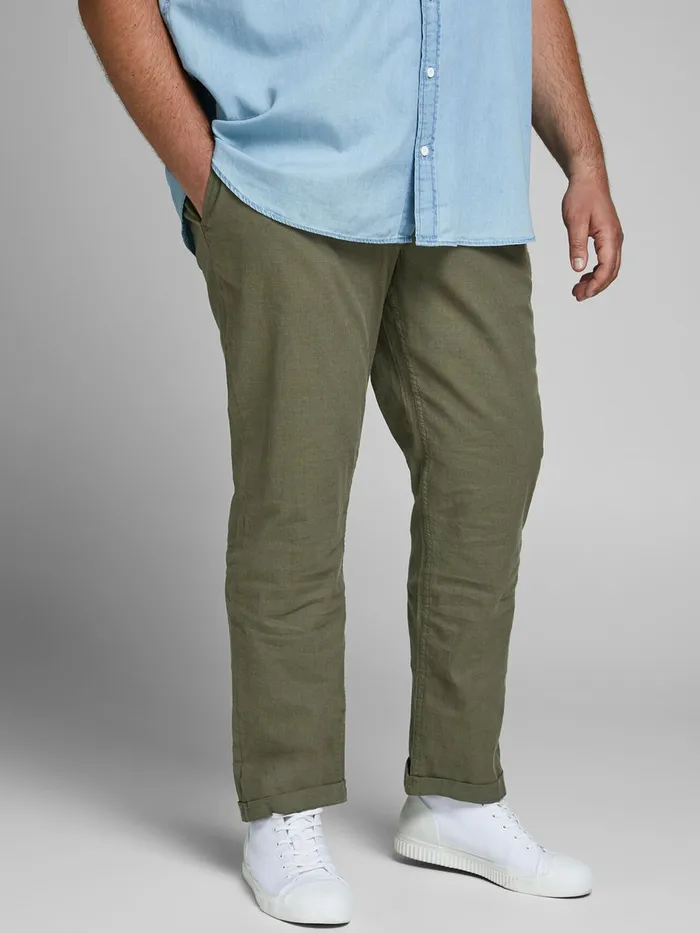 Trousers JACK and JONES Mens MARCO LINEN AKM 986 PLUS SIZE TROUSERS Green Olive Night Trousers JACK and JONES Mens MARCO LINEN AKM 986 PLUS SIZE TROUSERS Green Olive Night